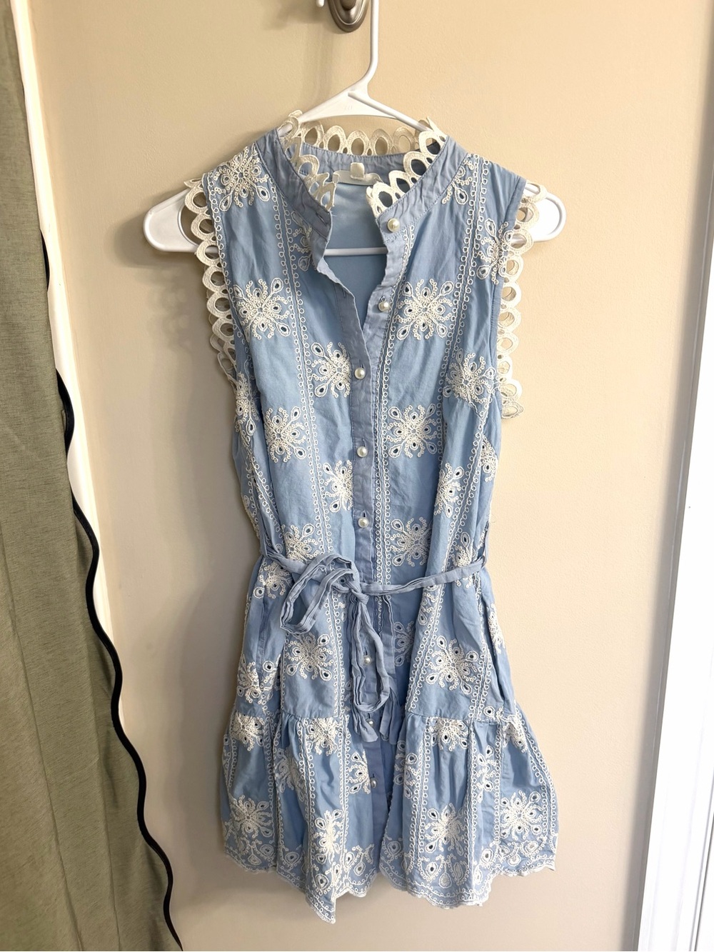 Entro Pearl Sleeveless Blue Embroidered Lace-Trim Dress